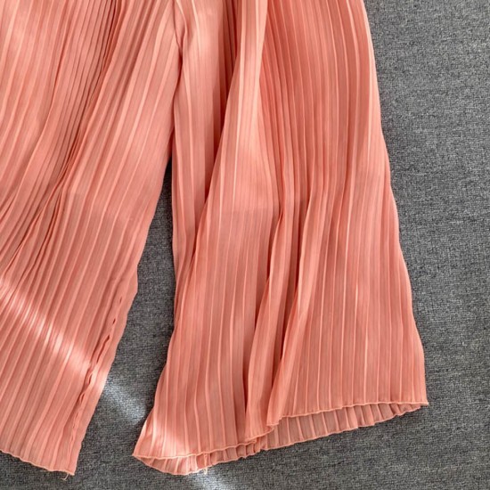 Long Sleeved Waist Belt Thin Pleated Trouser Jumpsuit - Pink |image