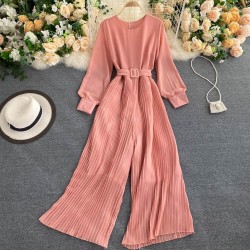 Long Sleeved Waist Belt Thin Pleated Trouser Jumpsuit - Pink 