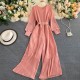 Long Sleeved Waist Belt Thin Pleated Trouser Jumpsuit - Pink 