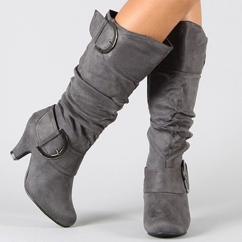 Chunky High Heels Buckle Mid Calf Boots - Grey |image