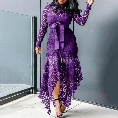Hollow Out Lace Irregular Romper Maxi Dress - Purple |image