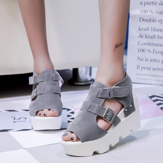 Waterproof Platform Thick Sole Fish Mouth Sandals - Grey |image