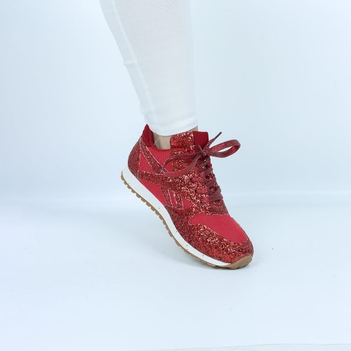 Womens Bling Glitter Laces Up Sneaker Shoes - Red |image