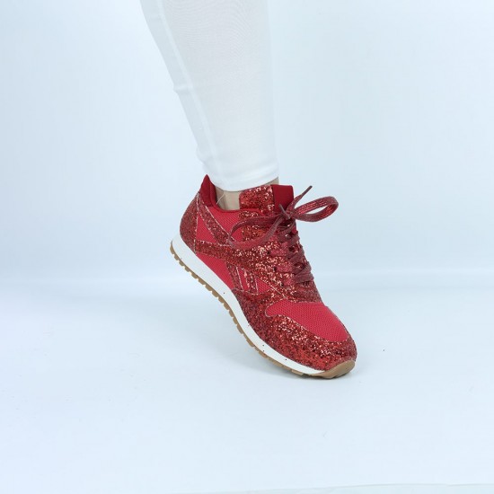 Womens Bling Glitter Laces Up Sneaker Shoes - Red |image