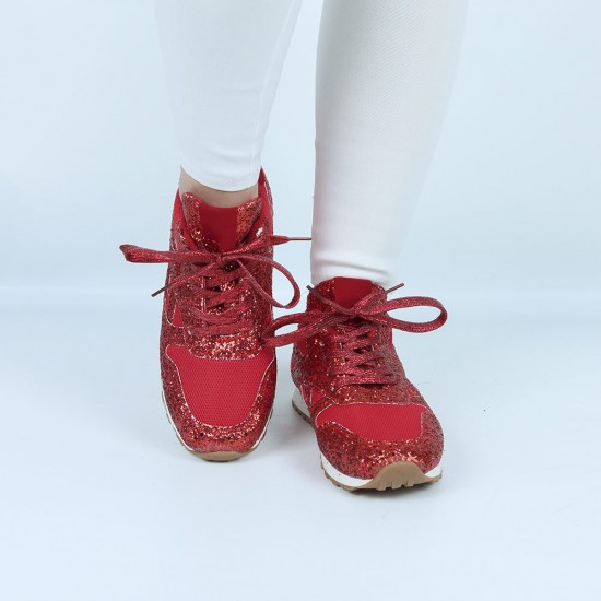 Womens Bling Glitter Laces Up Sneaker Shoes - Red |image