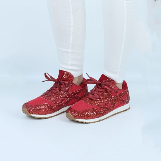 Womens Bling Glitter Laces Up Sneaker Shoes - Red |image
