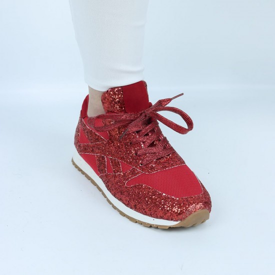 Womens Bling Glitter Laces Up Sneaker Shoes - Red |image
