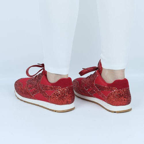 Womens Bling Glitter Laces Up Sneaker Shoes - Red |image