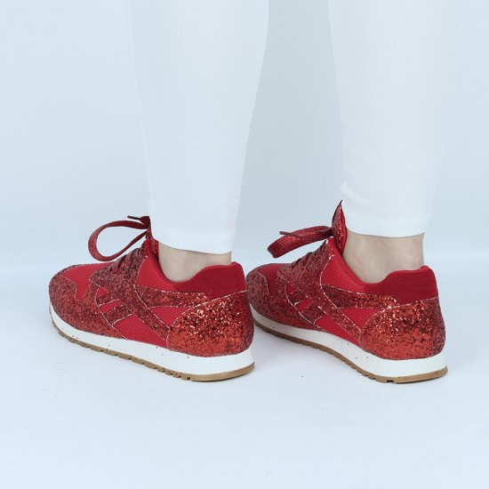 Womens Bling Glitter Laces Up Sneaker Shoes - Red |image
