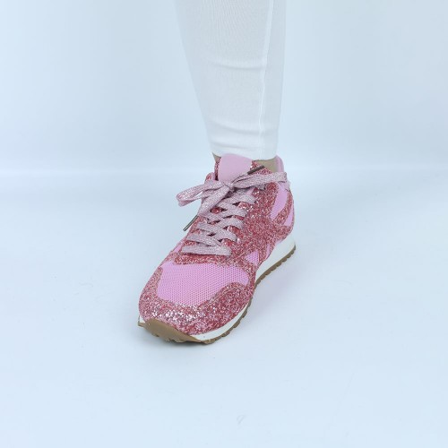 Womens Bling Glitter Laces Up Sneaker Shoes - Pink |image
