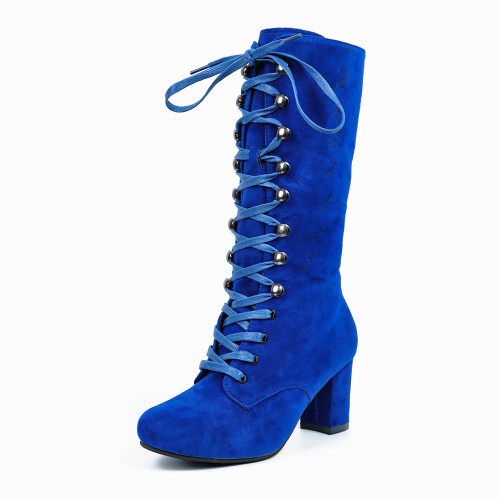 Retro Lace Up Square High Heel Mid-Calf Boots -Blue |image