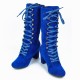 Retro Lace Up Square High Heel Mid-Calf Boots -Blue |image