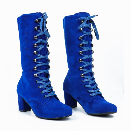 Retro Lace Up Square High Heel Mid-Calf Boots -Blue |image
