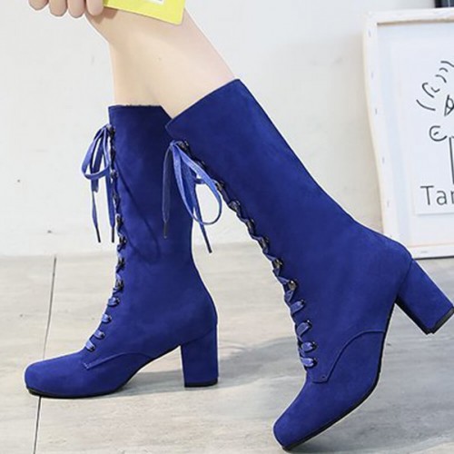 Retro Lace Up Square High Heel Mid-Calf Boots -Blue |image