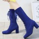 Retro Lace Up Square High Heel Mid-Calf Boots -Blue |image