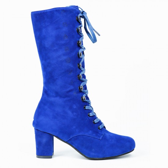 Retro Lace Up Square High Heel Mid-Calf Boots -Blue |image