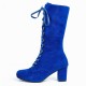 Retro Lace Up Square High Heel Mid-Calf Boots -Blue |image
