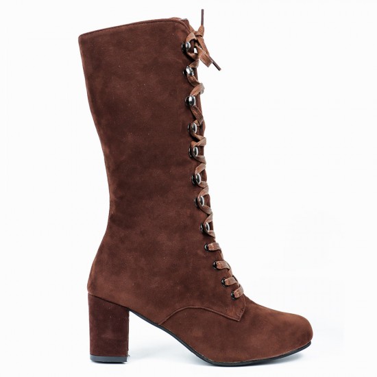 Retro Lace Up Square High Heel Mid-Calf Boots -Brown Retro Lace Up Square High Heel Mid-Calf Boots -Brown |image