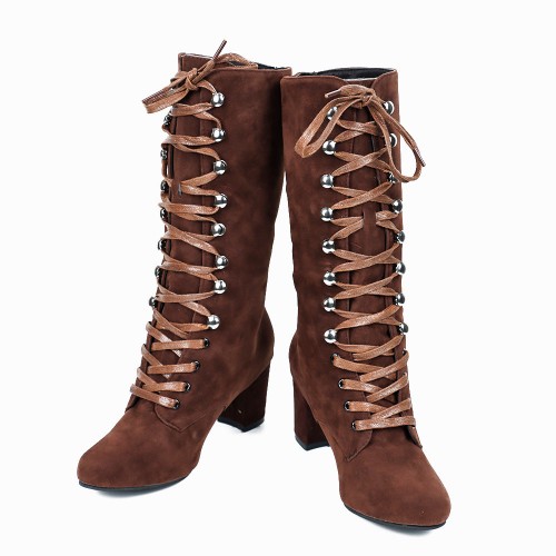 Retro Lace Up Square High Heel Mid-Calf Boots -Brown |image