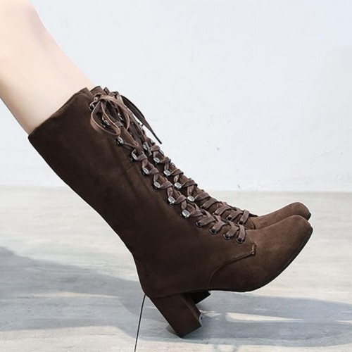 Retro Lace Up Square High Heel Mid-Calf Boots -Brown |image