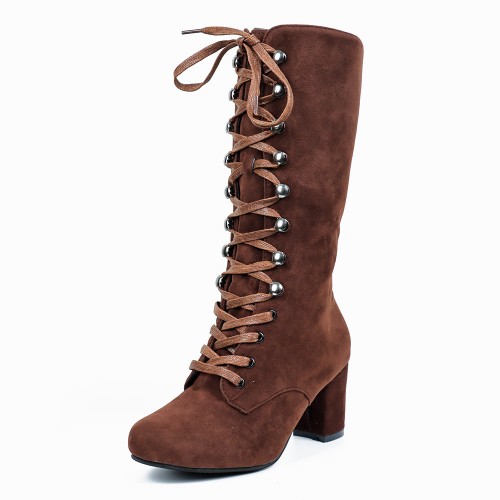 Retro Lace Up Square High Heel Mid-Calf Boots -Brown |image
