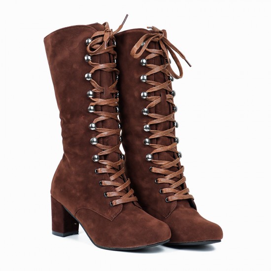 Retro Lace Up Square High Heel Mid-Calf Boots -Brown Retro Lace Up Square High Heel Mid-Calf Boots -Brown |image