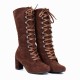 Retro Lace Up Square High Heel Mid-Calf Boots -Brown |image
