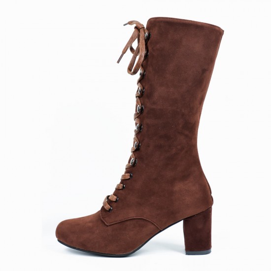 Retro Lace Up Square High Heel Mid-Calf Boots -Brown Retro Lace Up Square High Heel Mid-Calf Boots -Brown |image
