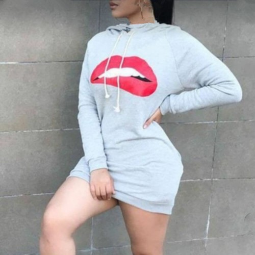 Trendy Lip Print Casual Long Sleeved Hoodie - Grey |image