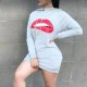 Trendy Lip Print Casual Long Sleeved Hoodie - Grey |image