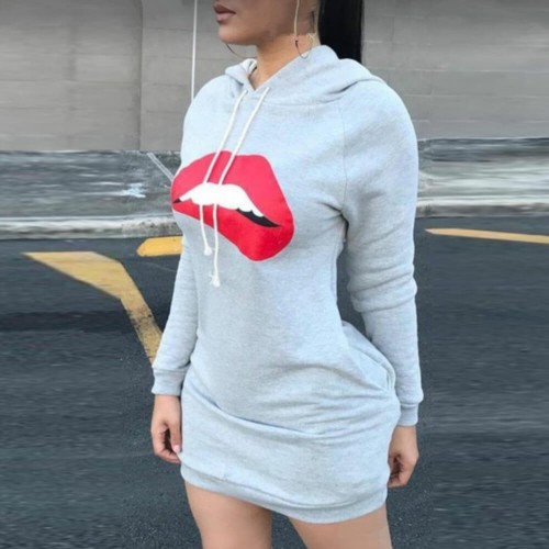 Trendy Lip Print Casual Long Sleeved Hoodie - Grey |image