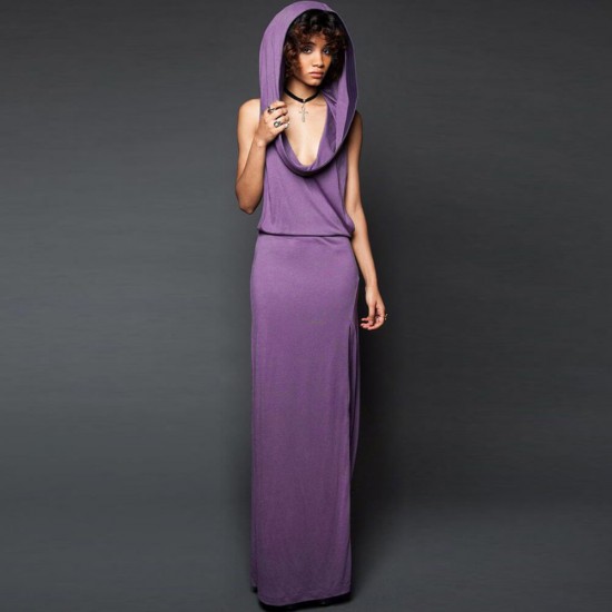 Classic Sleeveless Open Back Hooded Maxi Dress - Purple |image