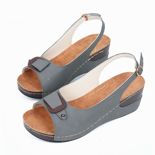 Peep Toe Buckle Casual Wedge Sandals -Grey |image