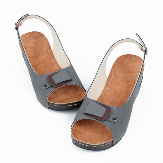 Peep Toe Buckle Casual Wedge Sandals -Grey |image