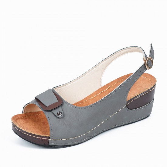 Peep Toe Buckle Casual Wedge Sandals -Grey |image