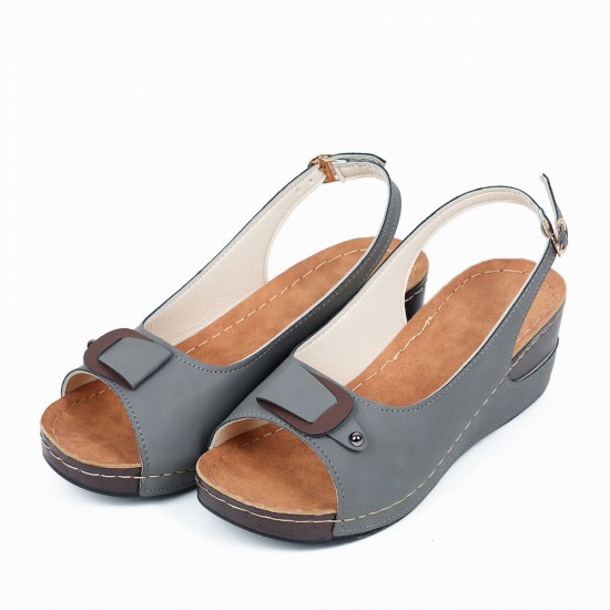 Peep Toe Buckle Casual Wedge Sandals -Grey |image