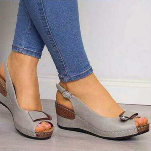 Peep Toe Buckle Casual Wedge Sandals -Grey |image