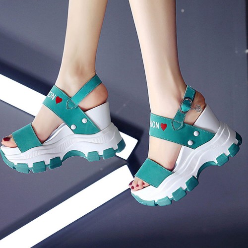 Thick Bottom Back Strapped Heels Wedge Sandals -Green |image