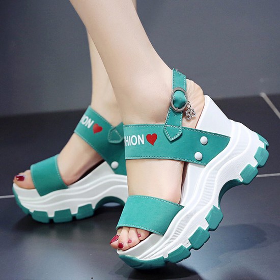 Thick Bottom Back Strapped Heels Wedge Sandals -Green |image