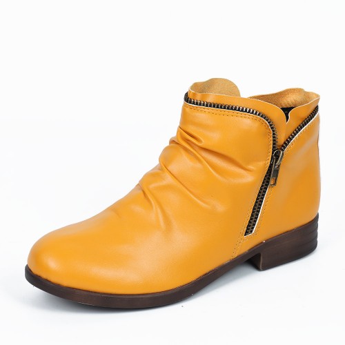 Round Double Zipper Comfortable Ankle Boots -Yellow |image