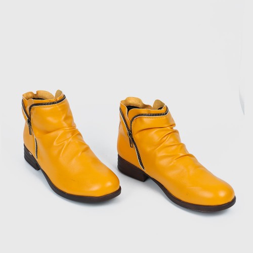 Round Double Zipper Comfortable Ankle Boots -Yellow |image