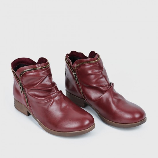 Round Double Zipper Comfortable Ankle Boots -Red |image