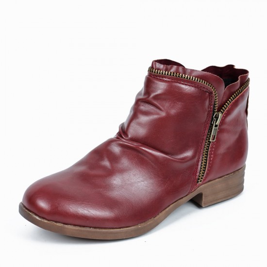 Round Double Zipper Comfortable Ankle Boots -Red |image