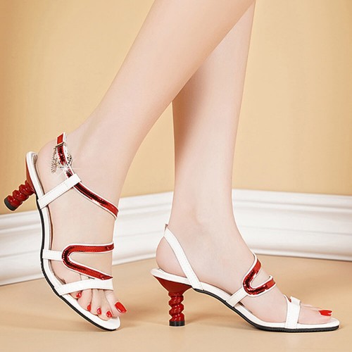 Mid-heel Buckled Stiletto Contrast Sandals -Red |image