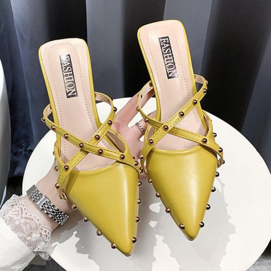 Rivets Decorated Pointed Toe Mid Heel Slippers- Yellow Rivets Decorated Pointed Toe Mid Heel Slippers- Yellow |image