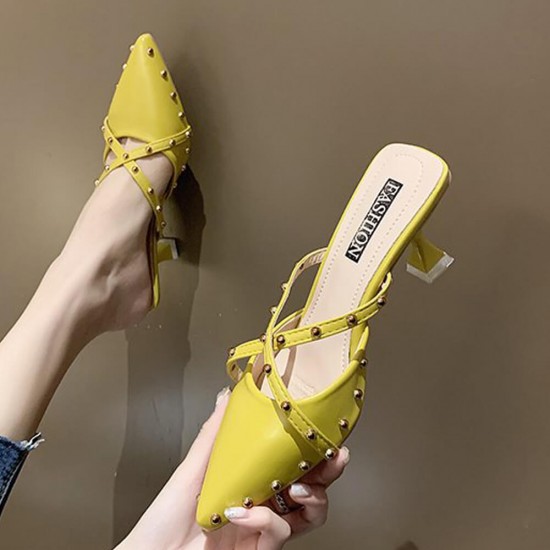 Rivets Decorated Pointed Toe Mid Heel Slippers- Yellow Rivets Decorated Pointed Toe Mid Heel Slippers- Yellow |image