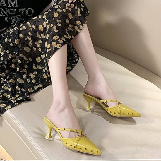 Rivets Decorated Pointed Toe Mid Heel Slippers- Yellow Rivets Decorated Pointed Toe Mid Heel Slippers- Yellow |image