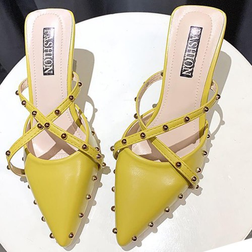 Rivets Decorated Pointed Toe Mid Heel Slippers- Yellow |image