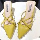Rivets Decorated Pointed Toe Mid Heel Slippers- Yellow |image