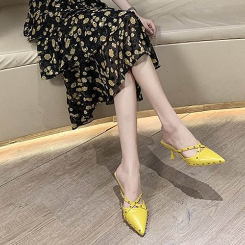 Rivets Decorated Pointed Toe Mid Heel Slippers- Yellow |image